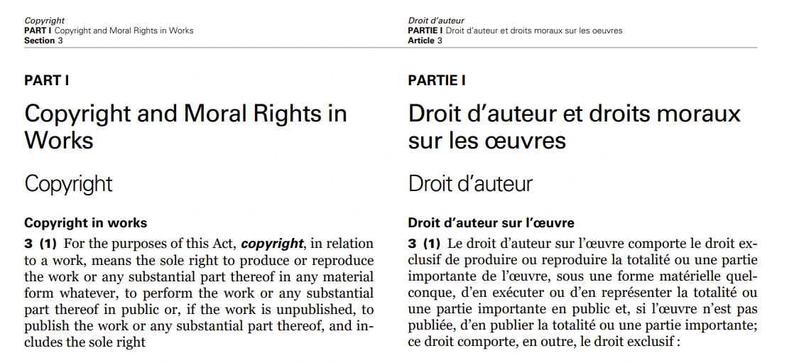 Screenshot of the Canadian Copyright Act showing English and French text about copyright and moral rights that apply to IPTV in Quebec