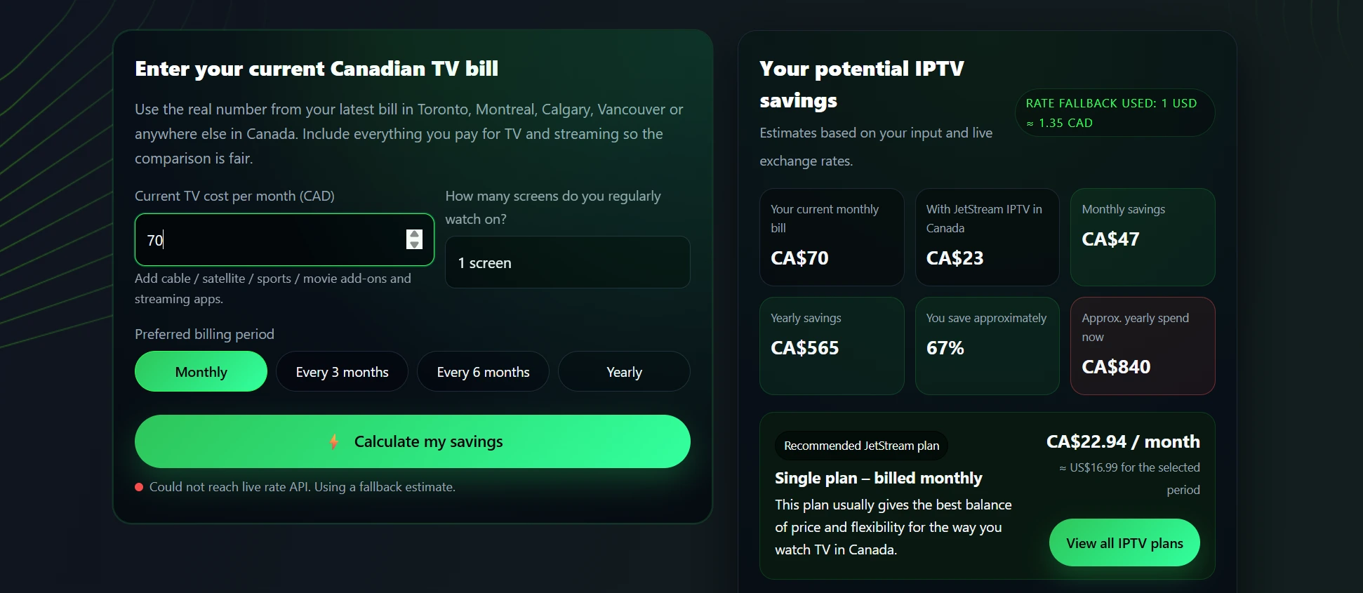 Screenshot of an IPTV cost calculator comparing a Canadian TV bill with IPTV plans and showing monthly and yearly savings