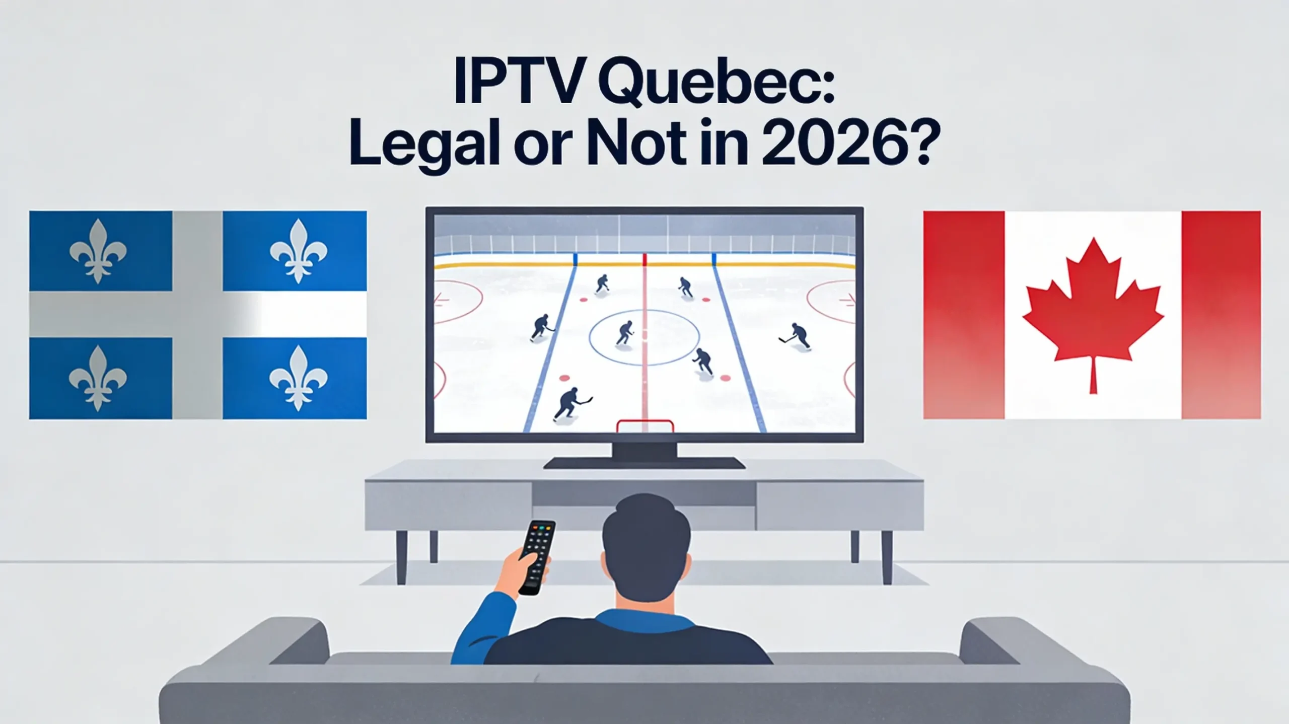 Illustration of a person watching hockey on TV with Quebec and Canadian flags and the headline IPTV Quebec Legal or Not in 2026
