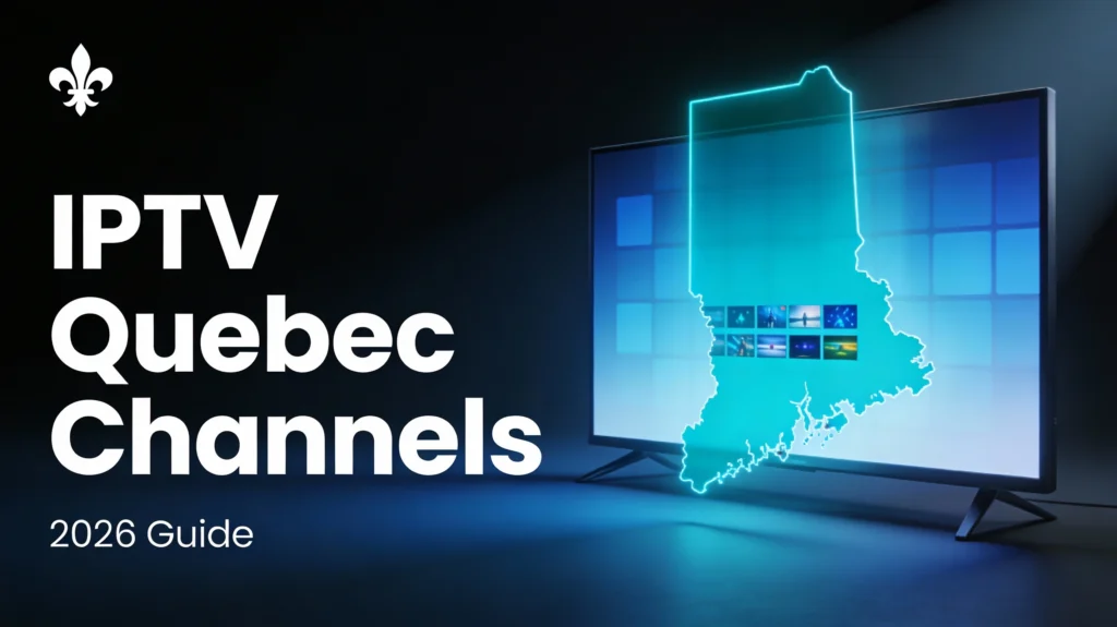 Minimalist dark-tech banner showing a glowing Quebec-shaped panel full of TV channel tiles in front of a sleek TV screen, with the title IPTV Quebec Channels 2026.