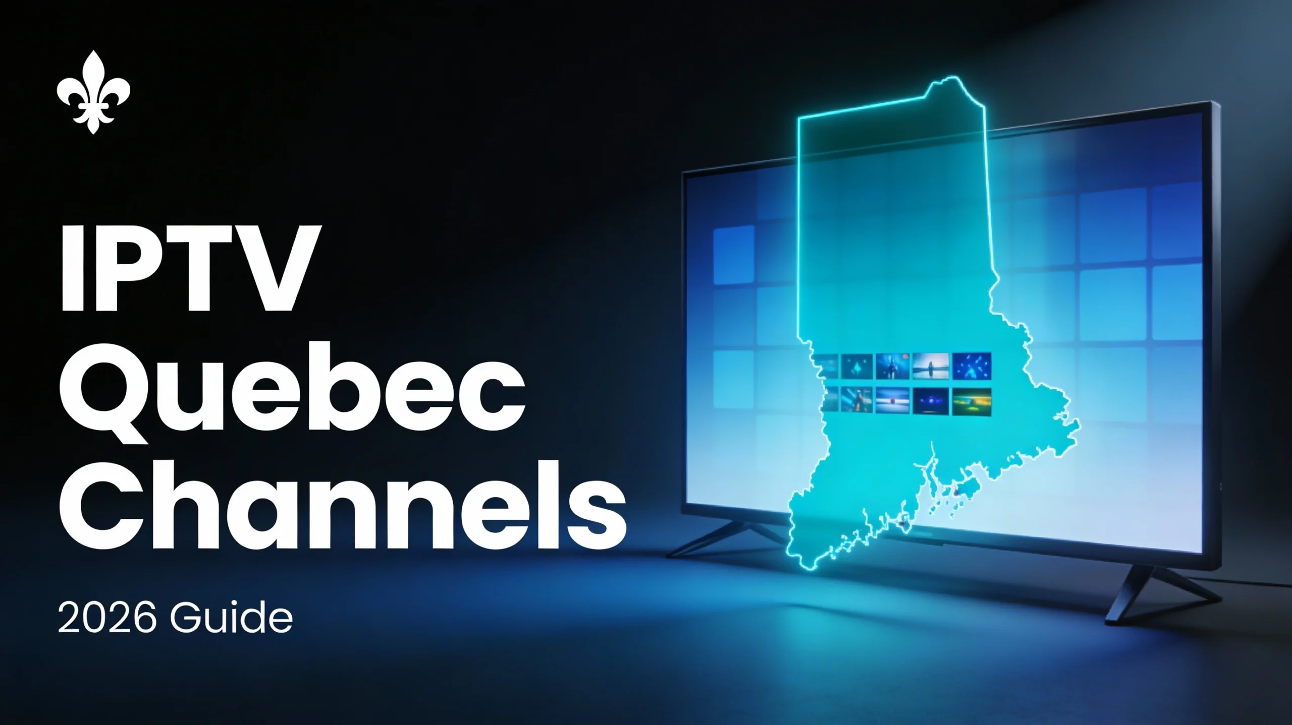 Minimalist dark-tech banner showing a glowing Quebec-shaped panel full of TV channel tiles in front of a sleek TV screen, with the title IPTV Quebec Channels 2026.