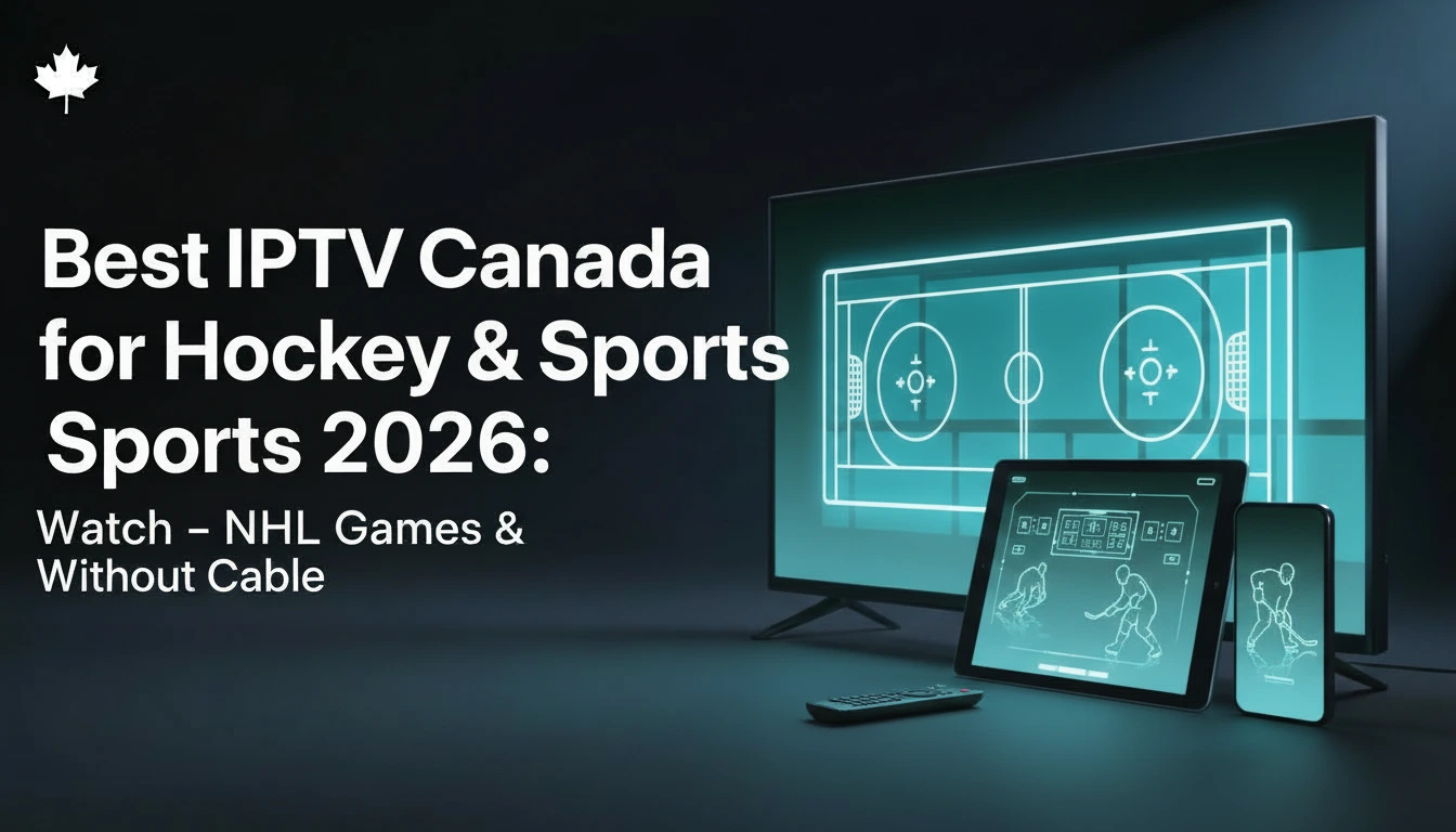 Best IPTV Canada for hockey and sports in 2026, showing a TV, tablet, and smartphone streaming abstract hockey action to watch NHL games without cable.
