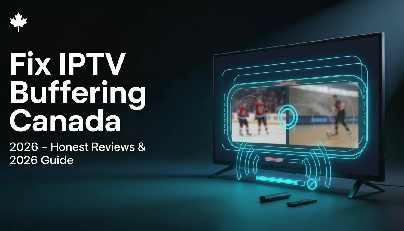Modern 4K TV showing hockey stream with buffering errors and Fire Stick, illustrating how to fix IPTV buffering in Canada