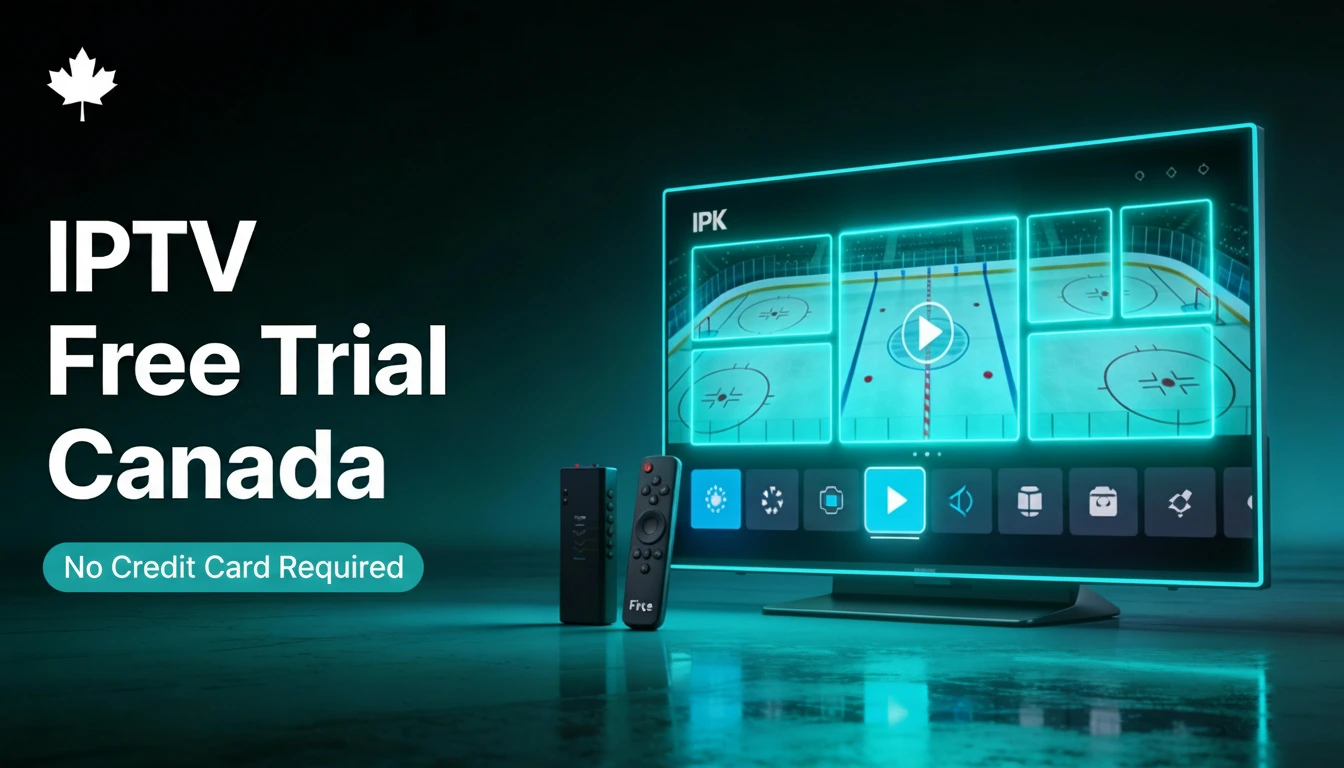 Modern 4K TV and realistic Fire Stick on a dark teal background promoting an IPTV free trial in Canada for 2026, with on-screen graphics and a badge that says no credit card required.