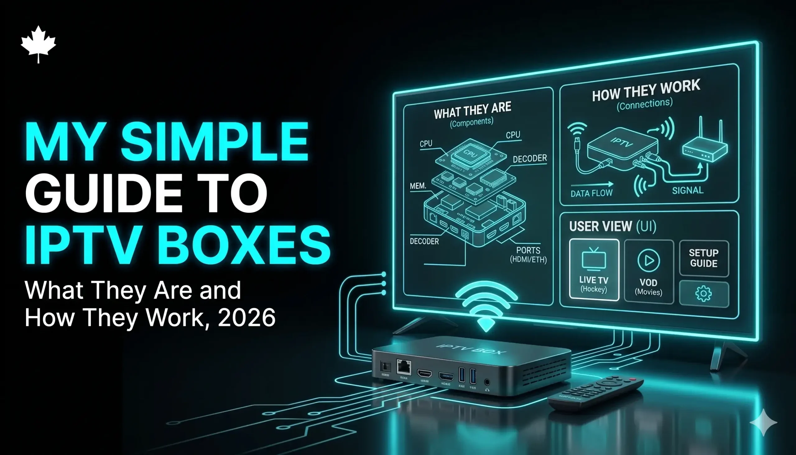 A high-end 3D exploded view of a premium IPTV box showing internal components next to a smart TV with a sports streaming interface and teal neon lighting.