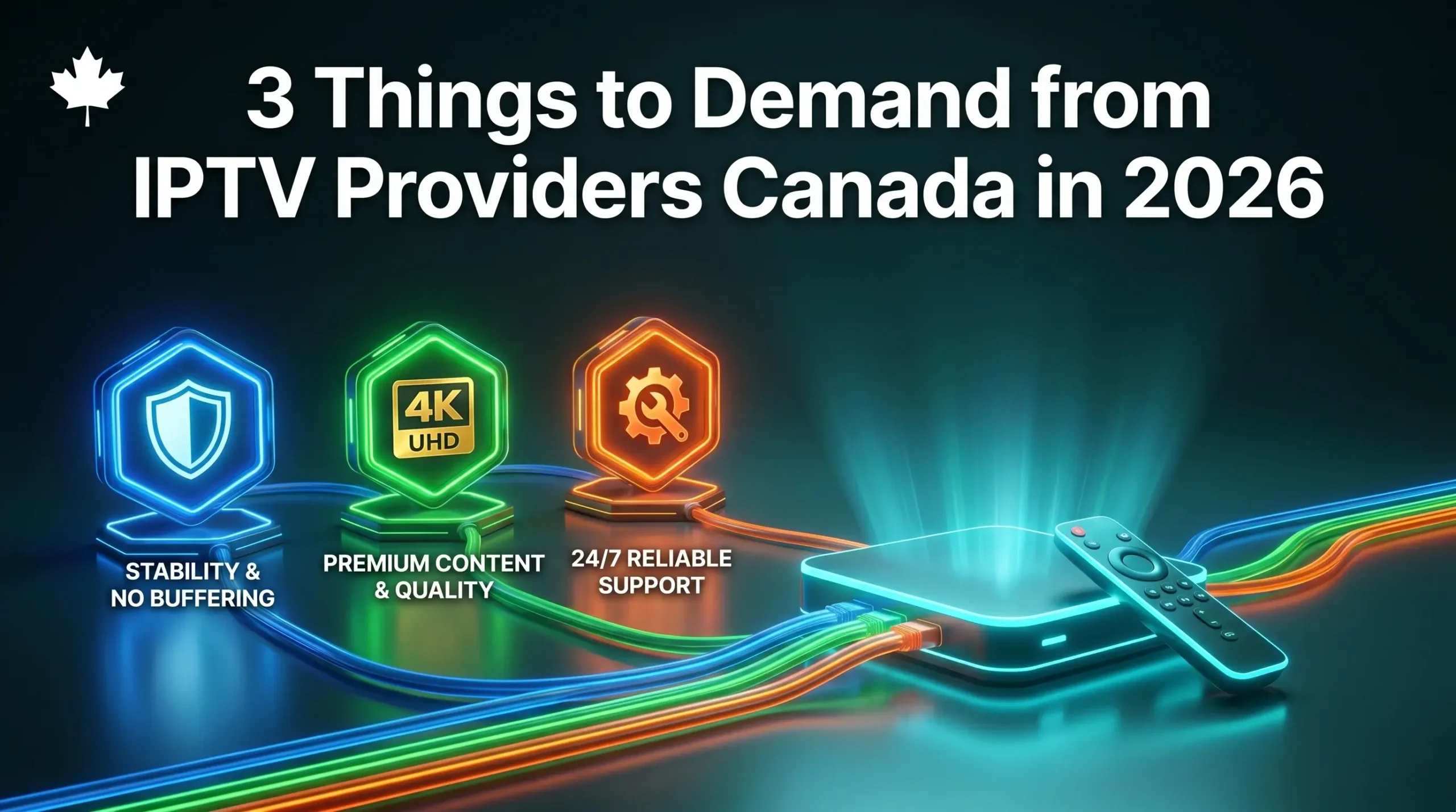 A premium 3D digital illustration of a glowing media streaming box and modern remote control connected by colorful ethernet cables to three neon hexagonal pillars labeled Stability and No Buffering, Premium Content and Quality 4K UHD, and 24/7 Reliable Support, set on a dark glossy surface with a white Canadian maple leaf logo.