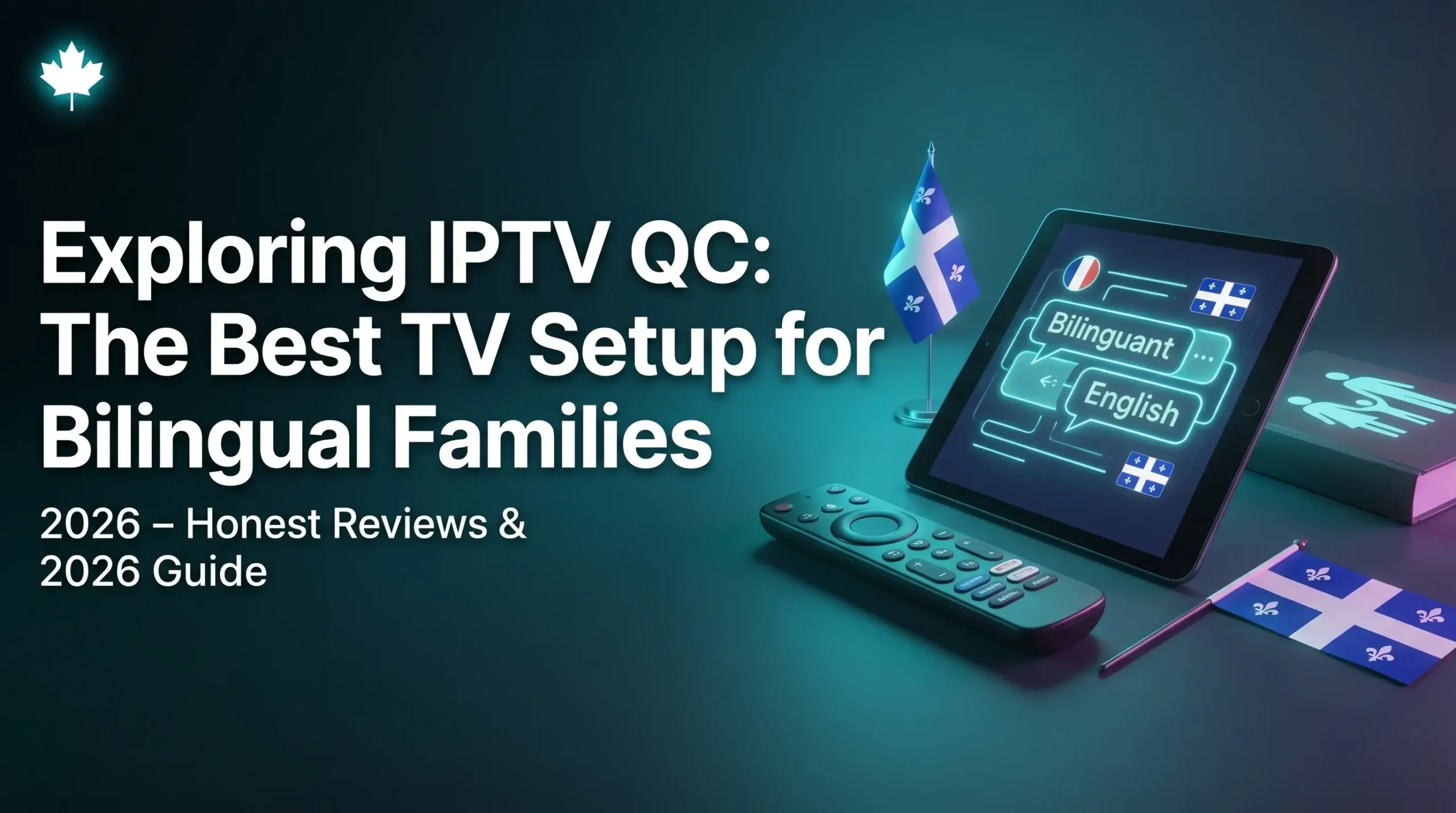 A premium tech setup featuring a tablet displaying bilingual English and French language options, a modern remote, and Quebec provincial flags on a sleek dark background with Canadian branding.