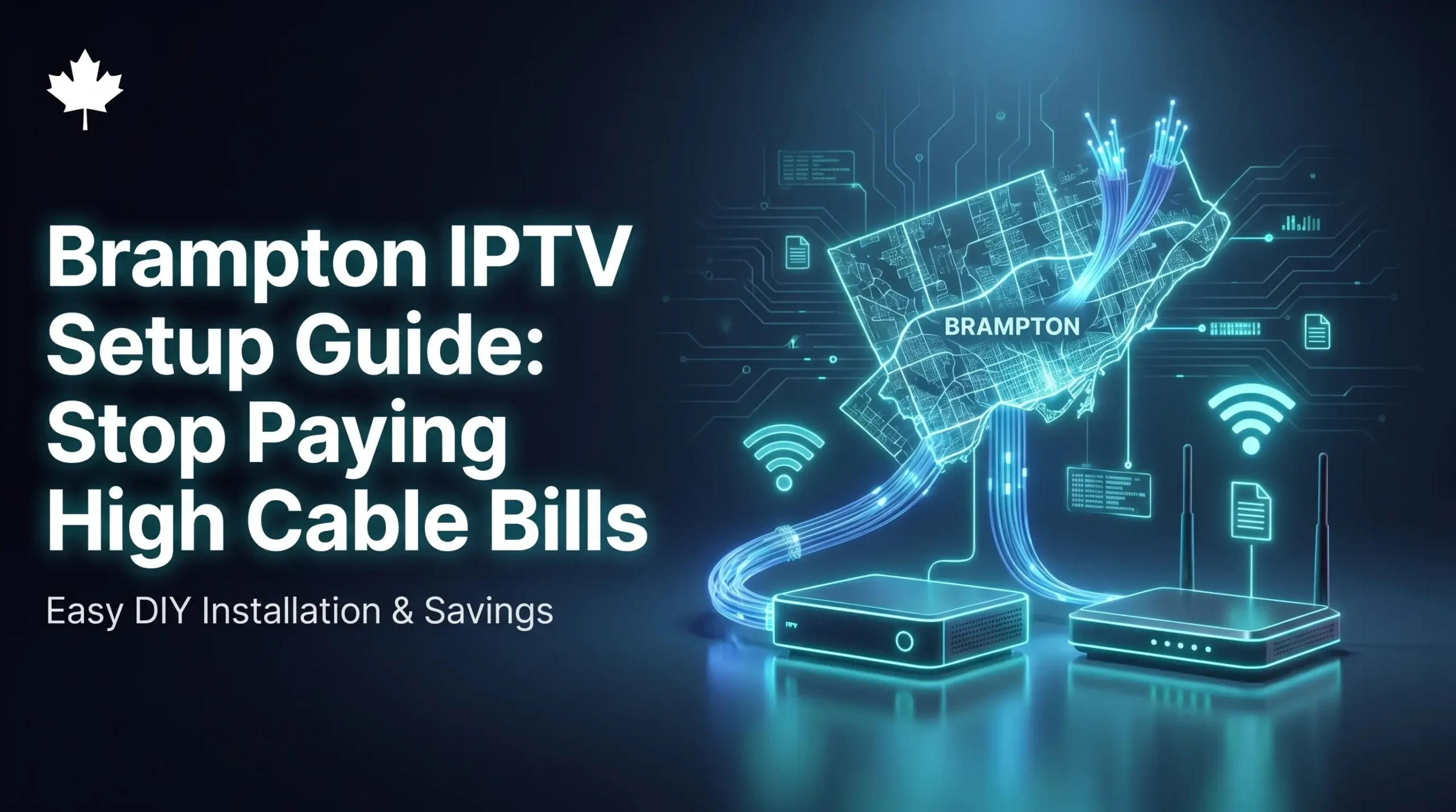 A 3D digital map of Brampton, Ontario, connected by glowing neon blue fiber-optic cables to an IPTV box and a Wi-Fi router, featuring bold text about stopping high cable bills and a Canadian maple leaf logo.