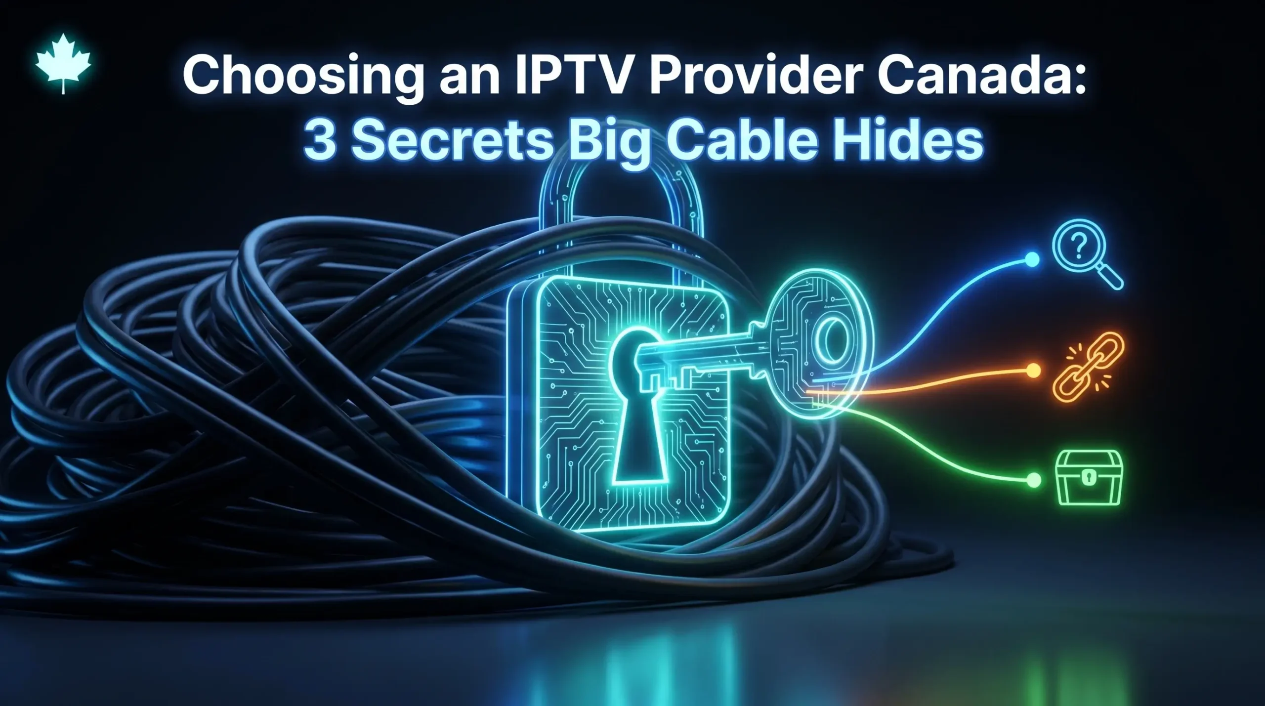 A cinematic digital illustration featuring a massive pile of dark coaxial cable cords wrapped tightly around a large, glowing blue neon padlock, with a circuit-patterned key unlocking it to reveal three glowing neon icons—a magnifying glass, a chain link, and a treasure chest—on a dark background with a Canadian maple leaf logo.