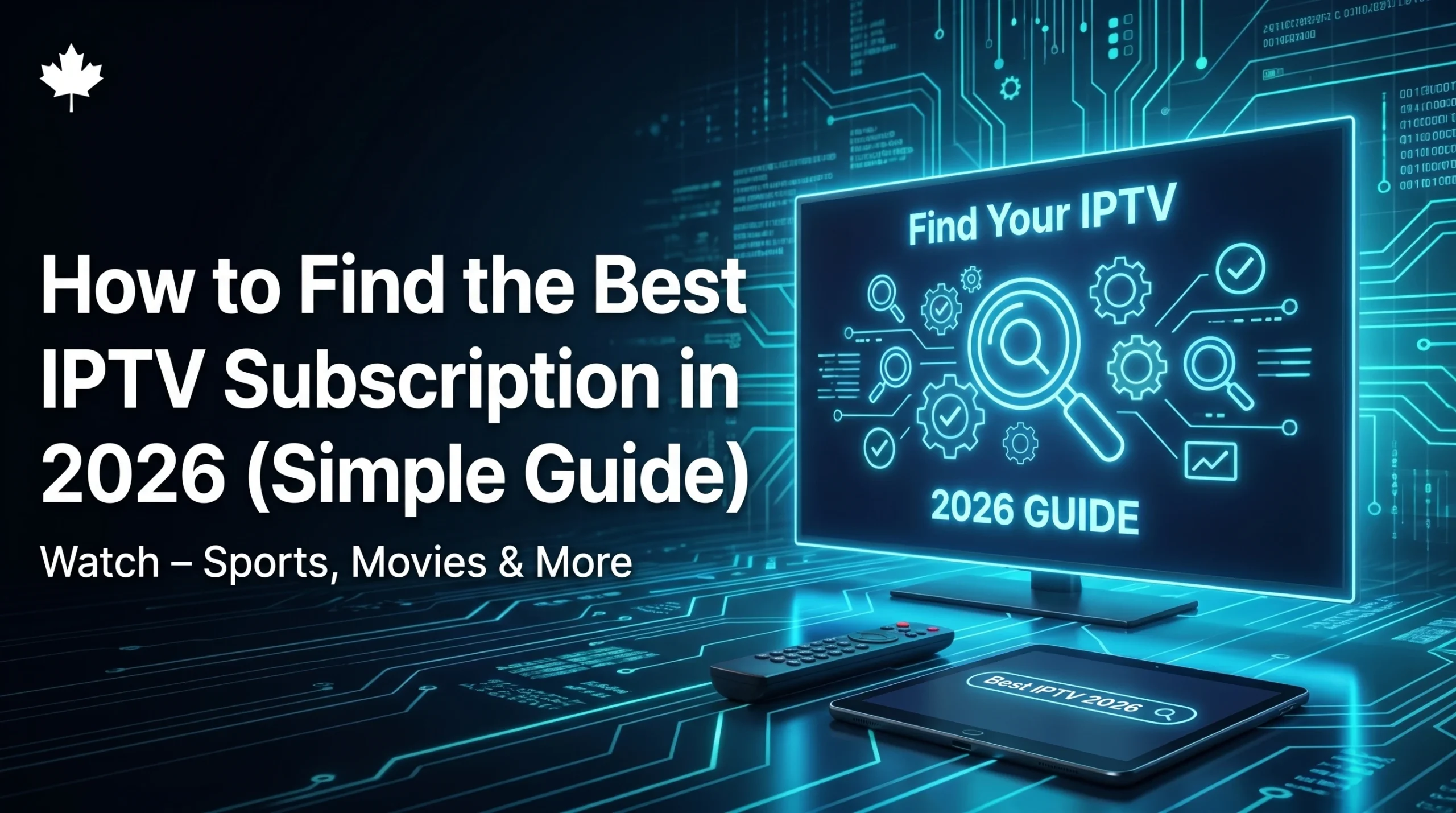 A professional high-contrast visual featuring a large computer monitor, a remote control, and a tablet displaying a clean 'Best IPTV Subscription' search interface with a magnifying glass and teal neon gear icons on a dark digital circuit background with a Canadian maple leaf branding.