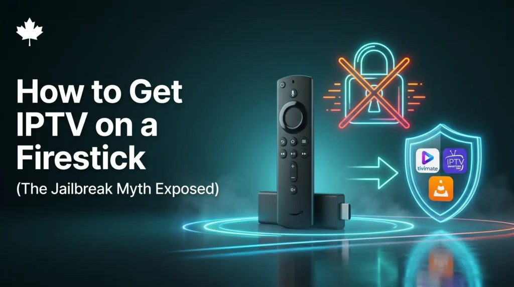 A premium 3D graphic showing an Amazon Fire TV Stick and remote standing on a glowing neon ring next to a crossed-out padlock icon and a protective security shield enclosing the TiviMate, IPTV Smarters Pro, and Downloader application icons with a Canadian maple leaf logo.