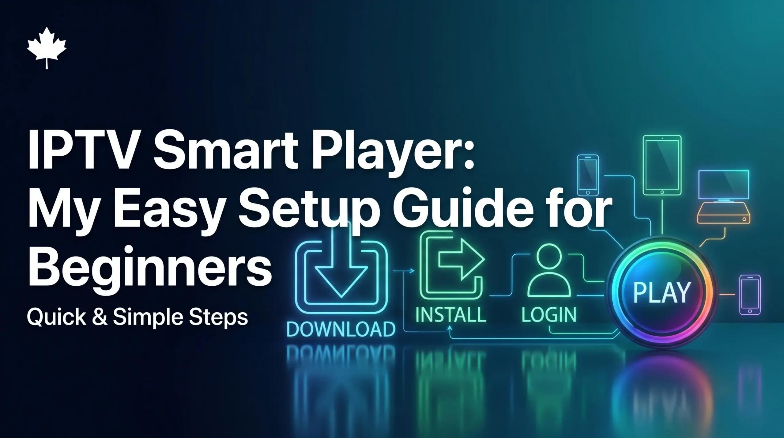 A high-tech digital diagram showing neon teal icons for download, install, login, and play steps for an IPTV Smart Player, featuring a multi-device connection map and a Canadian maple leaf logo on a dark cinematic background.