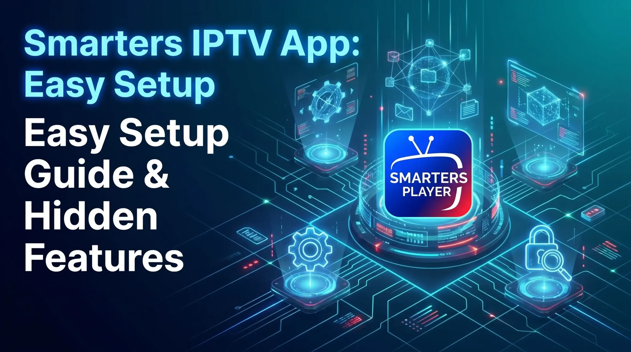 A 3D tech illustration featuring the Smarters Player application icon on a central pedestal, surrounded by glowing neon circuit patterns, gear settings, data nodes, and a security padlock on a dark blue digital background with Canadian branding.
