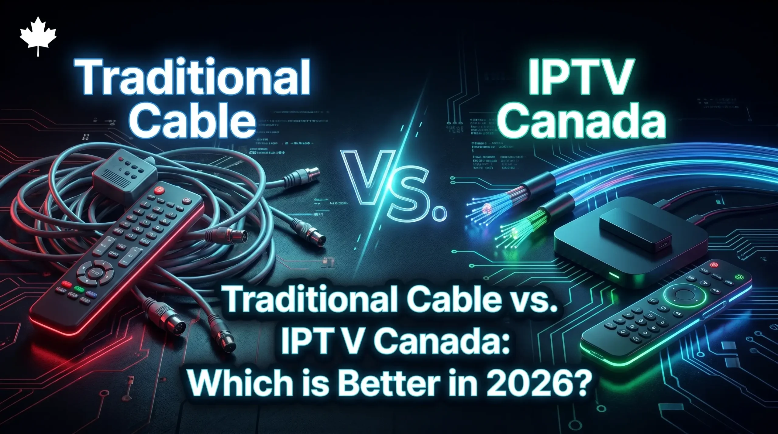 A high-contrast side-by-side comparison featuring messy analog coaxial cables and an old remote on the left versus sleek neon fiber-optic cables, a modern IPTV box, and a minimal remote on the right, with a Canadian maple leaf logo.
