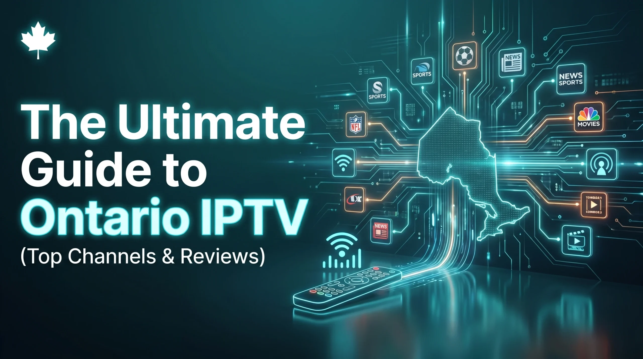A digital circuit map of Ontario, Canada, with glowing teal and orange connections to sports, news, and movie icons, featuring a sleek remote control and Canadian branding for an Ontario IPTV review guide.