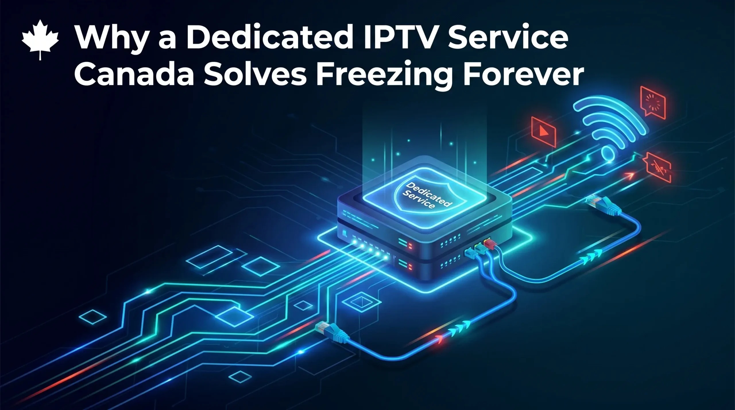 A high-tech 3D digital illustration of a premium server stack with a glowing blue protective shield labeled Dedicated Service, connected by neon blue circuit traces, ethernet cables, and a strong Wi-Fi signal icon on a dark background with a Canadian maple leaf logo.