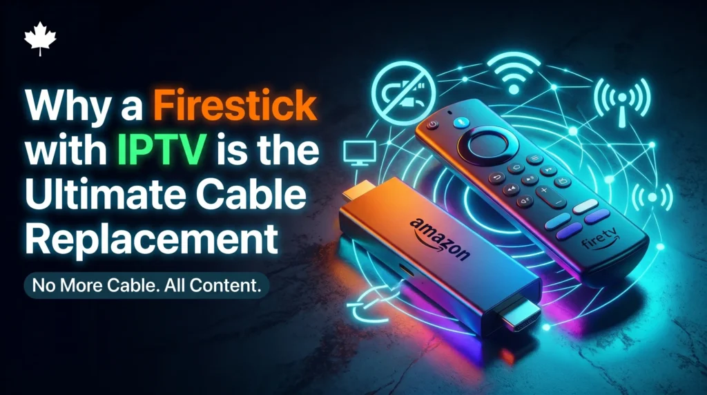 An Amazon Fire TV Stick streaming media player and voice remote controller illuminated by an orange glow, resting next to a vibrant neon blue digital network web displaying streaming, Wi-Fi, and crossed-out analog cable icons on a dark surface with a Canadian maple leaf branding logo.