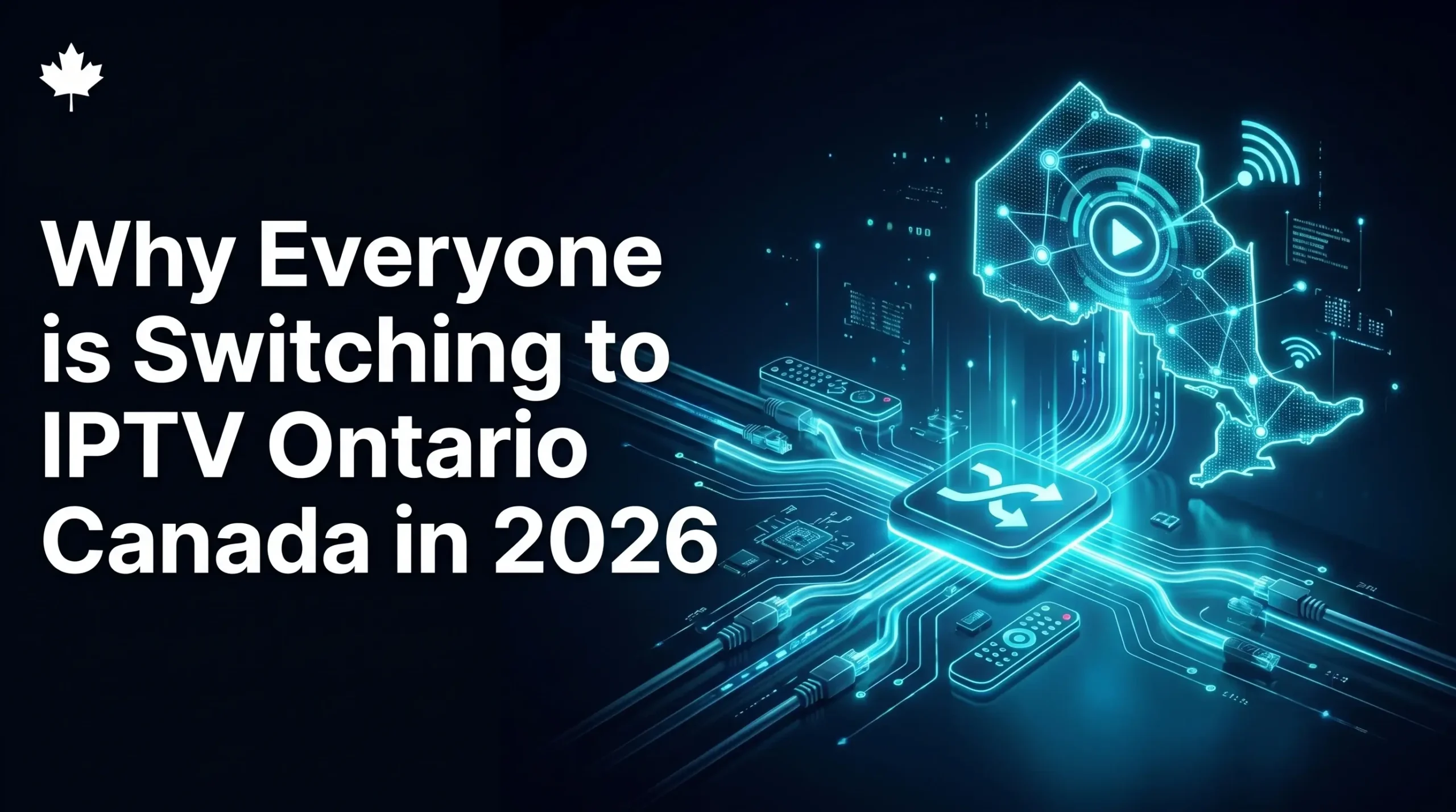 A high-tech digital circuit board featuring a central processor with a "switch" icon, connected to a glowing neon map of Ontario, Canada, with modern remotes and streaming hardware elements on a dark blue background.