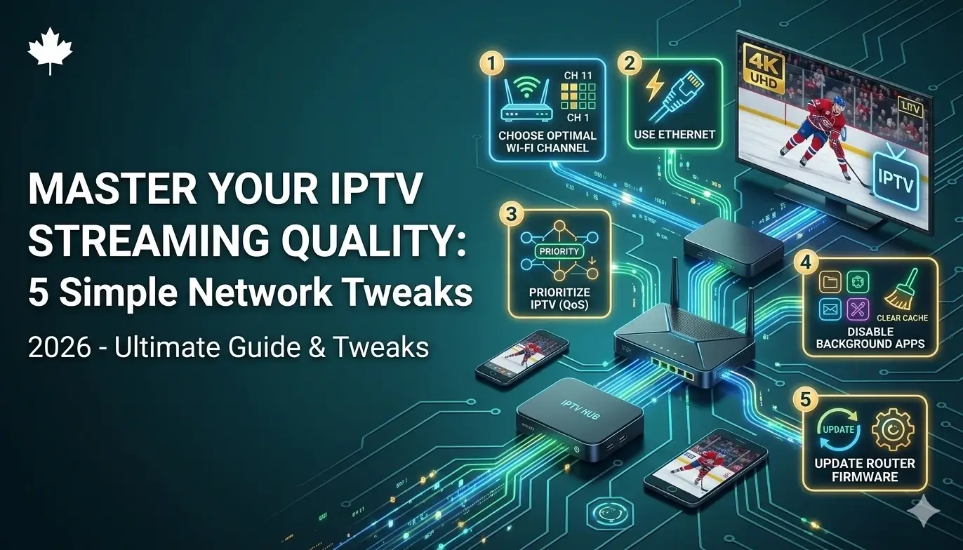 A 3D digital tech infographic showing five network optimization steps connected by glowing neon green circuit traces to a high-speed router, an IPTV Hub media player, a smartphone, and a 4K UHD TV displaying a live hockey game, with a white Canadian maple leaf logo in the corner.