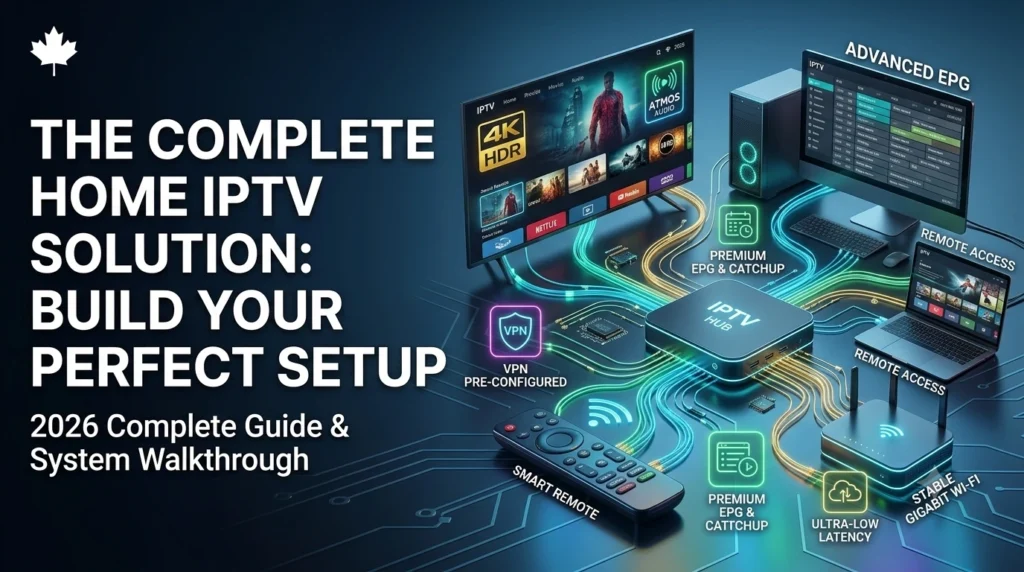 A high-tech 3D digital diagram of a comprehensive home IPTV solution, featuring a central IPTV Hub hardware box connected via glowing neon fiber lines to a 4K HDR smart TV display, a dual-antenna Wi-Fi router, a laptop showing remote access, and a PC monitor displaying an advanced EPG channel guide, set on a dark circuit-board background with a Canadian maple leaf branding logo.