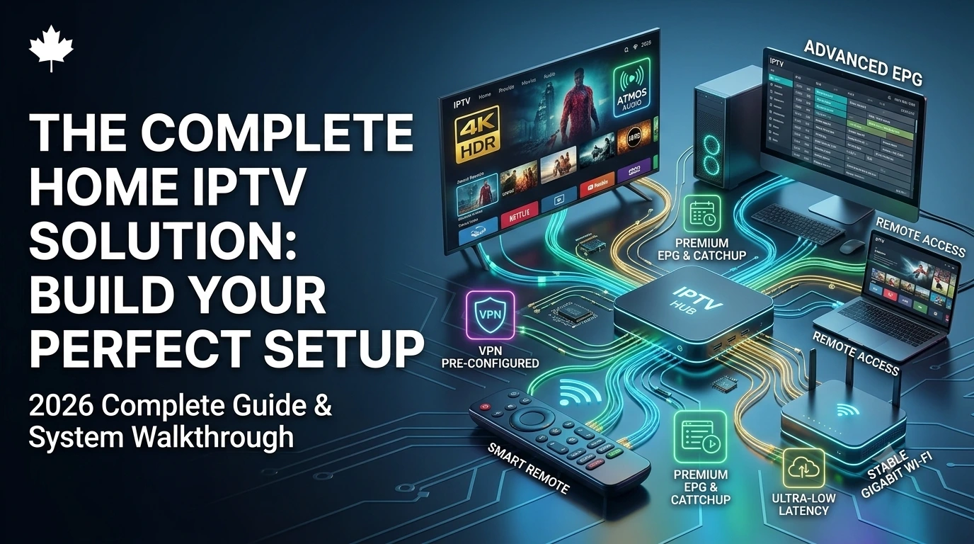 A high-tech 3D digital diagram of a comprehensive home IPTV solution, featuring a central IPTV Hub hardware box connected via glowing neon fiber lines to a 4K HDR smart TV display, a dual-antenna Wi-Fi router, a laptop showing remote access, and a PC monitor displaying an advanced EPG channel guide, set on a dark circuit-board background with a Canadian maple leaf branding logo.