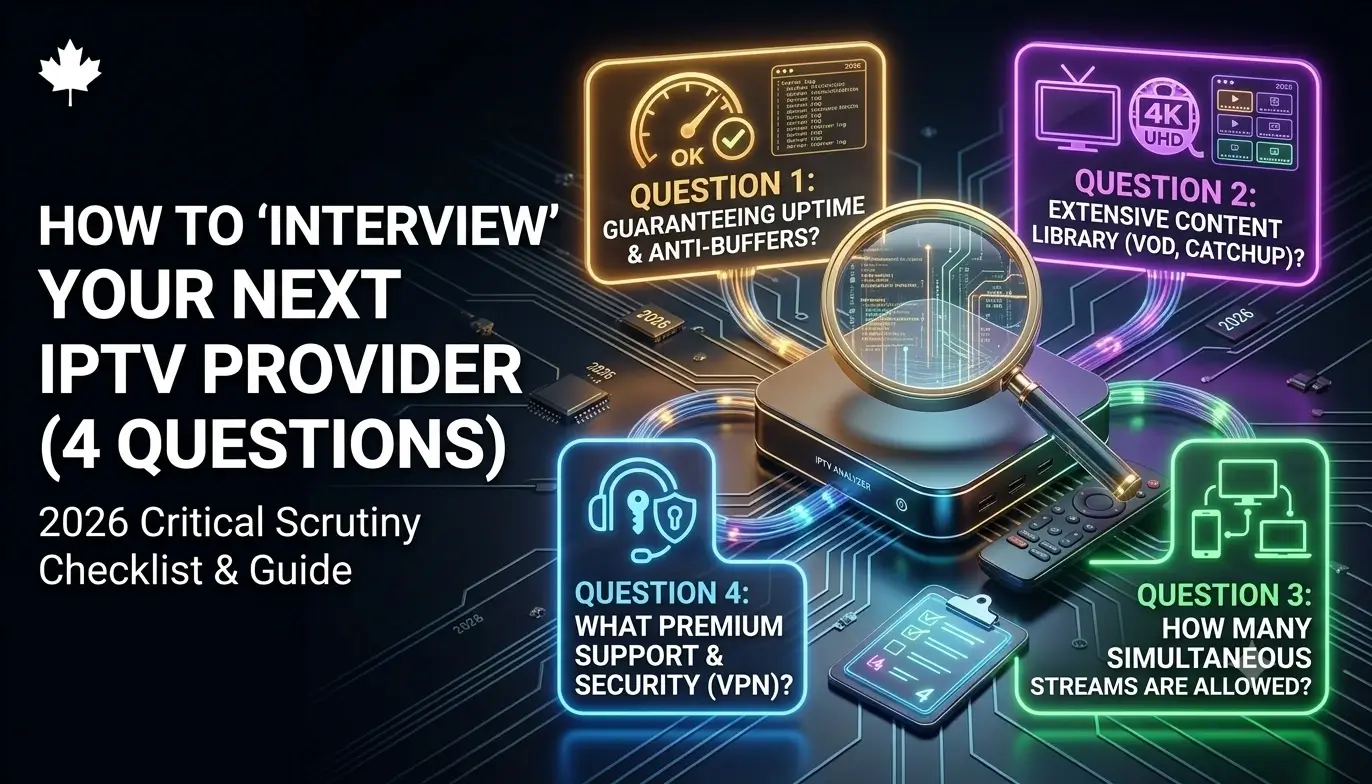 A 3D tech illustration of an IPTV hardware box labeled IPTV Analyzer under a magnifying glass, surrounded by four glowing neon panels detailing consumer interview questions for uptime, extensive VOD content, simultaneous streams, and premium VPN support on a dark circuit-board background with a Canadian maple leaf branding logo.