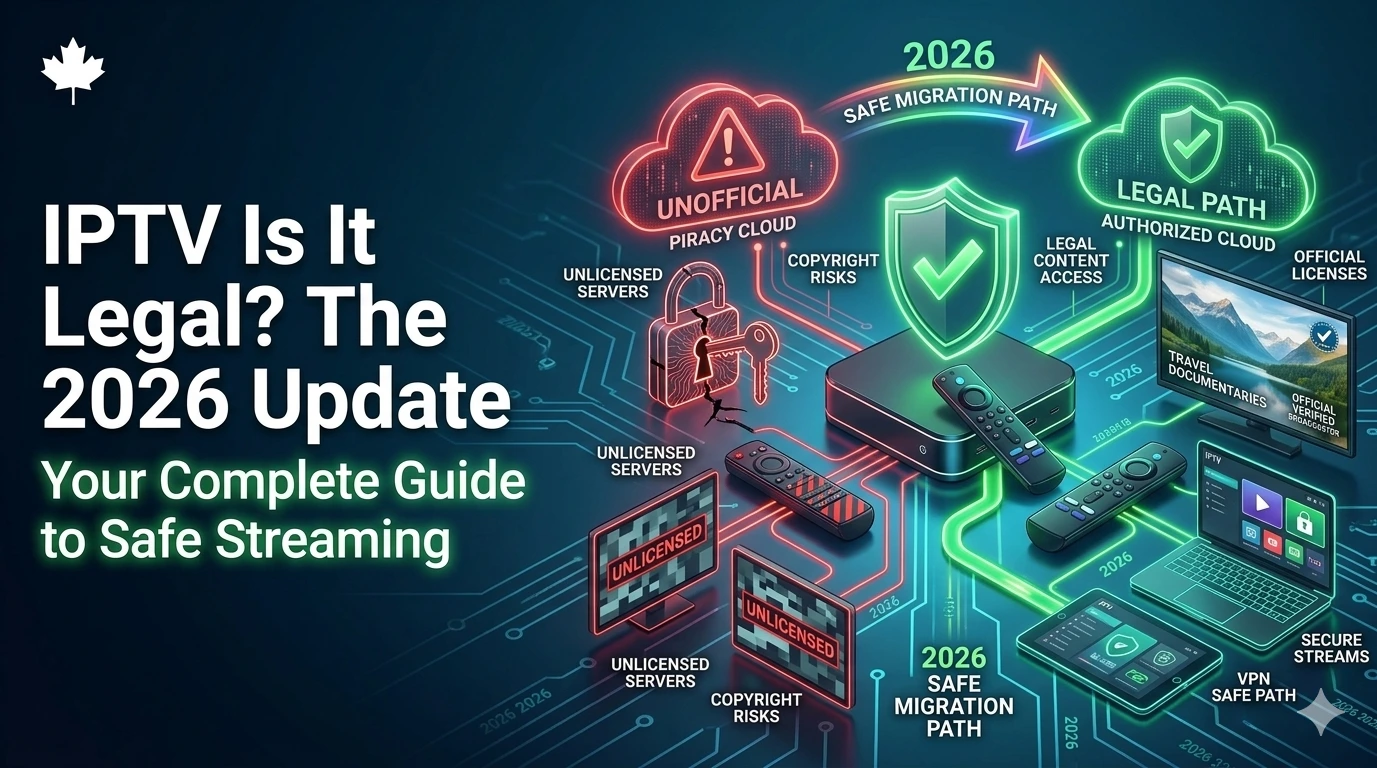 A 3D tech infographic analyzing IPTV legality, showing a split pathway with a red neon Unofficial Piracy Cloud linked to broken locks and unlicensed servers on the left, migrating toward a green neon Legal Path Authorized Cloud with a verified shield, safe VPN icons, a laptop displaying secure streams, and an official smart TV on a dark circuit background with a Canadian maple leaf branding logo.