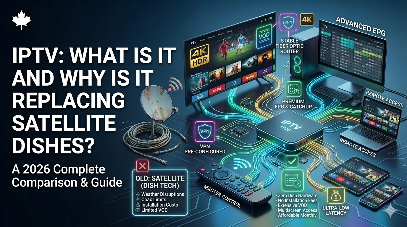 A high-tech 3D infographic comparing modern streaming to old hardware, showing an old satellite dish and coax cable on the left, contrasted with a central IPTV Hub connected by glowing green and blue neon data lines to a 4K HDR smart TV, an advanced EPG monitor, a laptop, and mobile devices on a dark circuit background with a Canadian maple leaf logo.