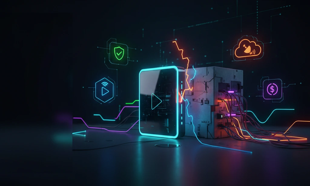 A 3D digital illustration comparing premium vs cheap IPTV services, showing a sleek, glowing neon blue streaming console on the left side and a messy, concrete server block with tangled wires on the right, separated by a jagged lightning line on a dark tech background.
