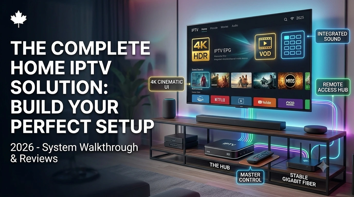 A premium 3D living room entertainment center showcasing a large smart TV with a 4K Cinematic UI dashboard, a soundbar, a central streaming media player labeled The Hub, a master control remote, and a router labeled Stable Gigabit Fiber, with a white Canadian maple leaf logo in the top corner.